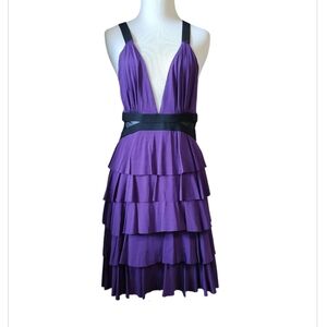 Bebe Purple Mesh Cutout Crisscross Back V-Neck Tiered Dress Size S